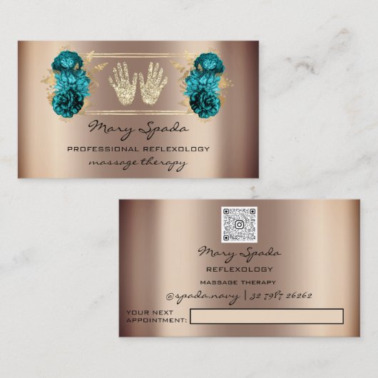 Massagereflexology Reiki Hands Faux Gold QR Blauwg Visitekaartje (Voorkant / Achterkant)