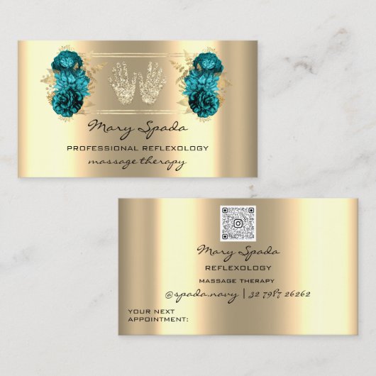 Massagereflexology Reiki Hands Faux Gold QR Blauwg Visitekaartje (Voorkant / Achterkant)