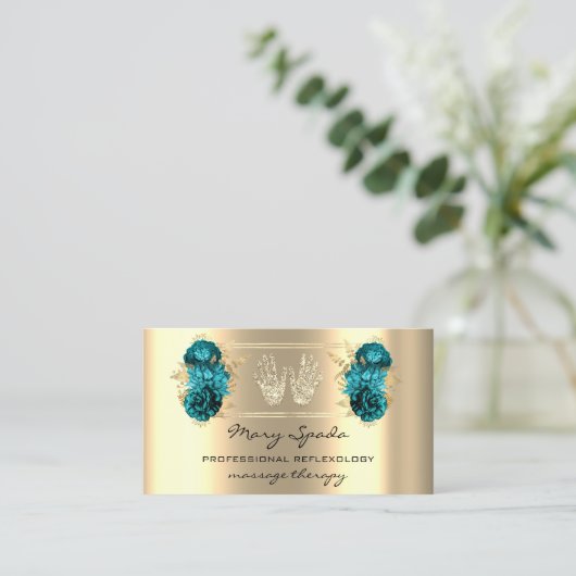 Massagereflexology Reiki Hands Faux Gold QR Blauwg Visitekaartje (Staand voorkant)