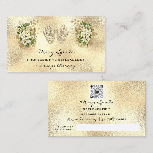 Massagereflexology Reiki Hands Gold QRCode Floral Visitekaartje (Voorkant / Achterkant)