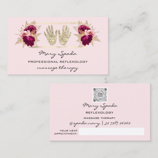 Massagereflexology Reiki Hands Gold QRCode Floral Visitekaartje (Voorkant / Achterkant)