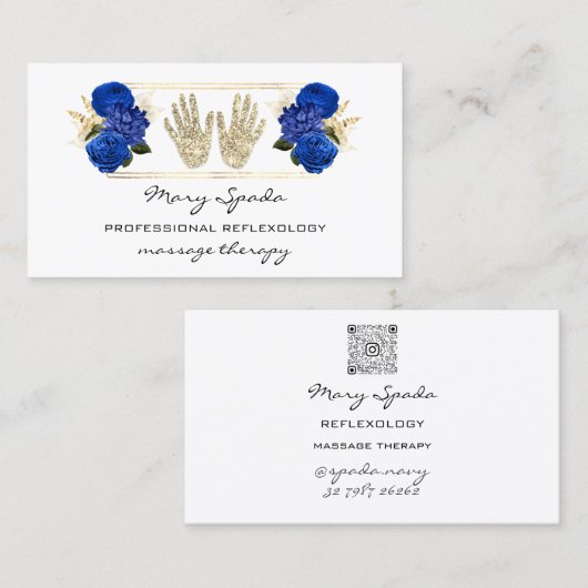 Massagereflexology Reiki Hands Gold QRCode White Visitekaartje (Voorkant / Achterkant)