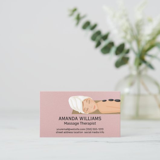 Massagesessie | Liggend vrouw | Hittestenen Visitekaartje (Staand voorkant)