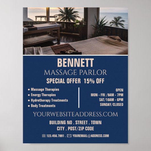 Massagetafels, massagetherapie, massagesalon poster (Voorkant)