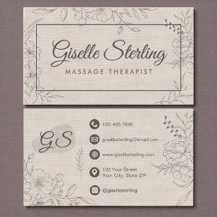 Massagetherapeut Beige Linnen Bloemrijke Lijnkunst Visitekaartje