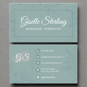 Massagetherapeut Blauwgroen Bloemlijn Art Script Visitekaartje