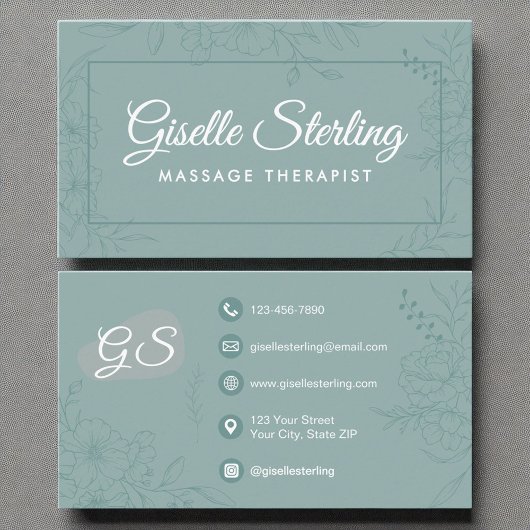 Massagetherapeut Blauwgroen Bloemlijn Art Script Visitekaartje