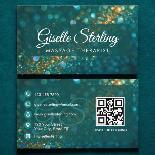 Massagetherapeut Blauwgroen Gouden Glitter Opal QR Visitekaartje