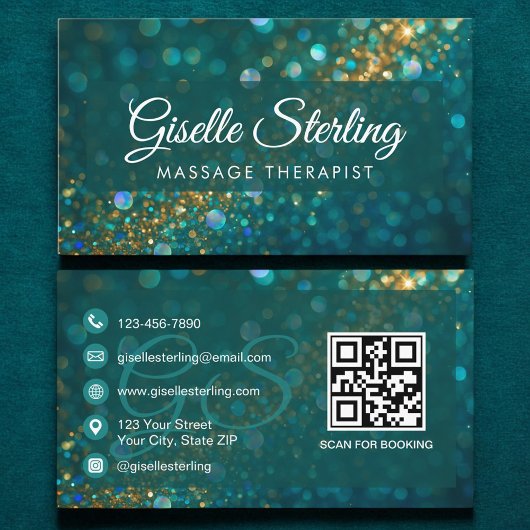 Massagetherapeut Blauwgroen Gouden Glitter Opal QR Visitekaartje