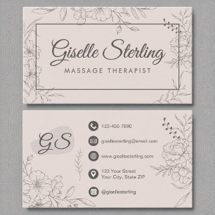 Massagetherapeut Blush Pink Floral Line Art Visitekaartje
