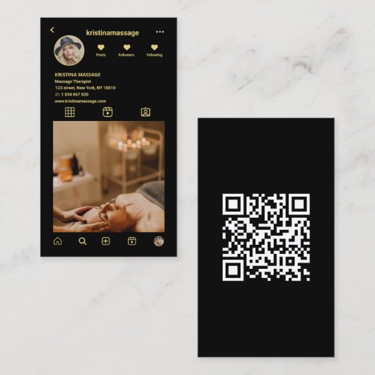 Massagetherapeut Instagram Fotogrid QR-code Visitekaartje (Voorkant / Achterkant)