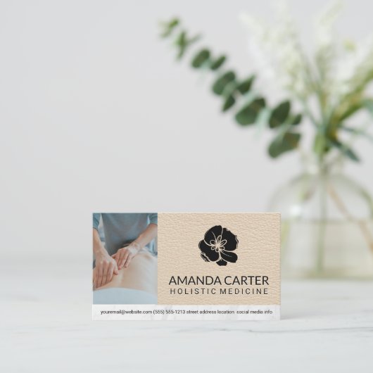 massagetherapeut | leer | Bloemenpictogram Visitekaartje (Staand voorkant)