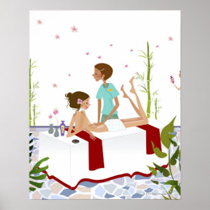 Massagetherapeut masseert een vrouw die op een poster