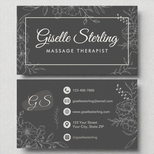 Massagetherapeut Moody Charcoal Grey Floral Visitekaartje