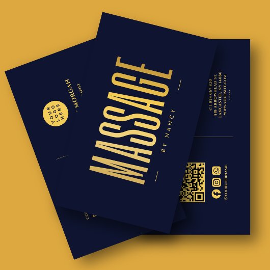 Massagetherapeut Navy & Goud QR-code En Logo Visitekaartje