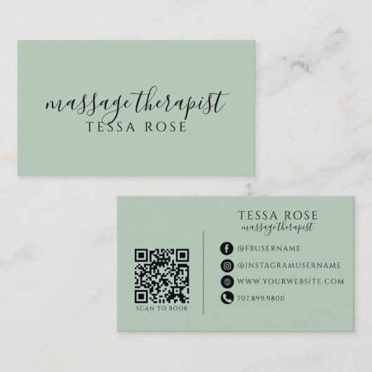 Massagetherapeut QR Code Sage Groen Visitekaartje (Voorkant / Achterkant)