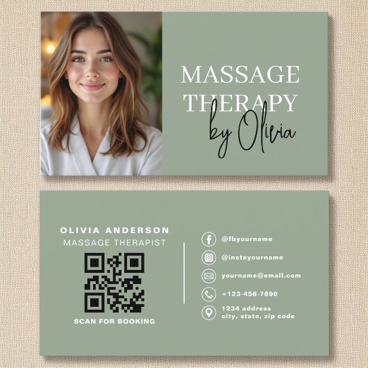 Massagetherapeut QR-code Sagegroene Foto Visitekaartje