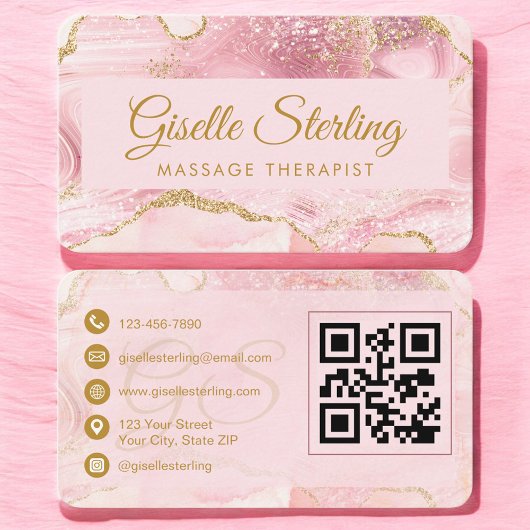 Massagetherapeutus Roze Goud Agate QR-code Visitekaartje