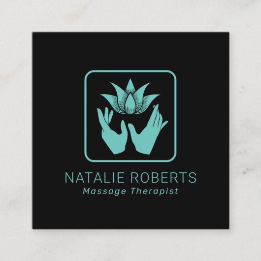 Massagetherapie - Blauwgroen hellinghanden en Lotu Vierkante Visitekaartje (Voorkant)