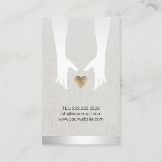 Massagetherapie - Handen en gouden hartenlinnen Visitekaartje (Achterkant)