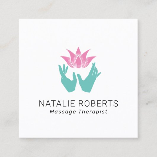 Massagetherapie Handen en roze Lotusventilator Vierkante Visitekaartje (Voorkant)