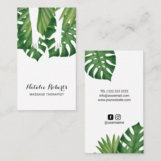 Massagetherapie Handen Tropische bladeren Spa Visitekaartje (Voorkant / Achterkant)