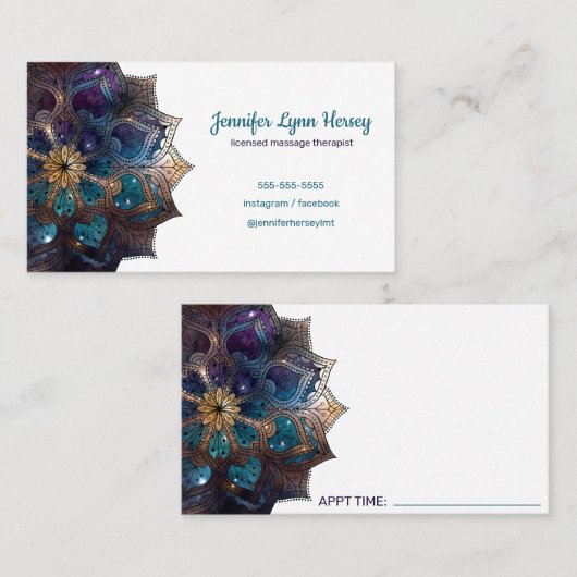 Massagetherapie met kosmische Paarse Mandala Visitekaartje (Voorkant / Achterkant)