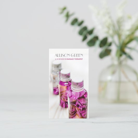Massagetherapie Roos etherische olie aromatherapie Visitekaartje (Staand voorkant)