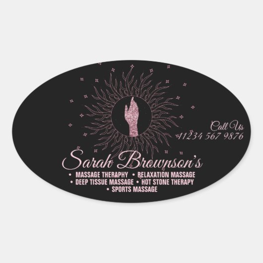 Massagetherapie Roze Zwart Script Helende Handen Ovale Sticker (Voorkant)