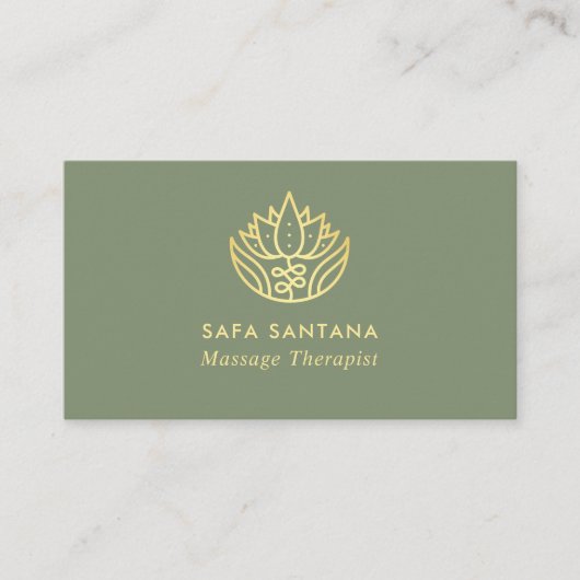 Massagetherapie Sage Green en Gold Lotus Flower Visitekaartje (Voorkant)