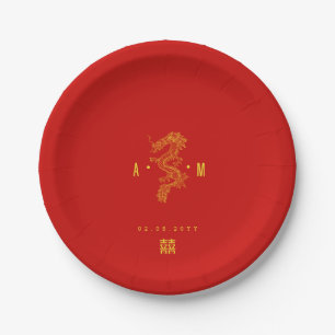 massief rood   Double Happiness Dragon-monogram Papieren Bordje