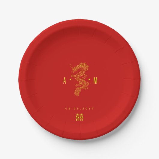massief rood | Double Happiness Dragon-monogram Papieren Bordje (Voorkant)