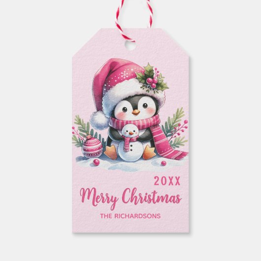 Massief Roze Vrolijk Kerstfeest Schattige Pinguïn  Cadeaulabel (Achterkant)