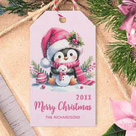 Massief Roze Vrolijk Kerstfeest Schattige Pinguïn  Cadeaulabel