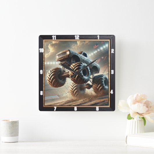 Massieve monstertruck racet door modder vierkante klok (Huis)