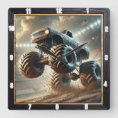 Massieve monstertruck racet door modder vierkante klok (Voorkant)