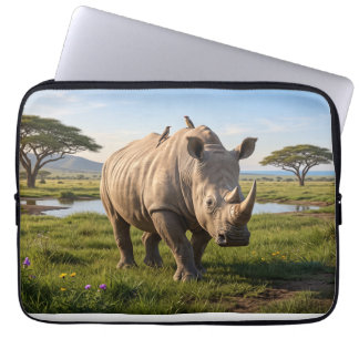 Massieve Neushoorn Die Open Savanne Vlaktes Foto D Laptop Sleeve
