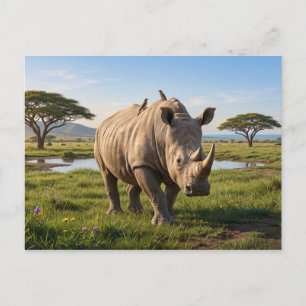 Massieve Neushoorn Die Open Savanne Vlaktes Foto E Briefkaart