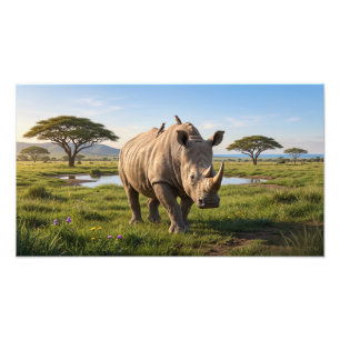 Massieve Neushoorn Die Over De Open Savanne Vlakte Foto Afdruk