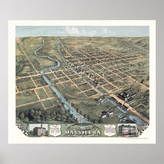 Massillon, OH Panoramic Map - 1870 Poster (Voorkant)