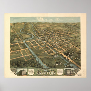 Massillon Ohio 1870 Antiek Panoramisch Kaart Poster