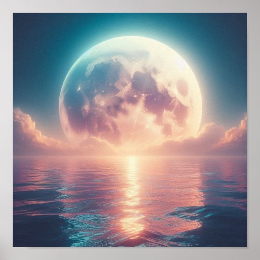 Massive Lunar Glow Over Tranquil Ocean Surface Poster (Voorkant)