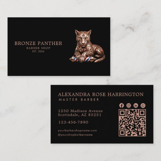 Master Barber Shop Roze Goud Panter Qr Code Visitekaartje (Voorkant / Achterkant)