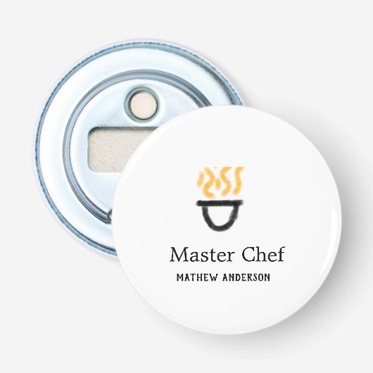 Master chef add name black pan yellow fire fume co button flesopener (Voorkant)