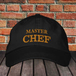 MASTER CHEF geborduurd honkbalgoud/zwart pet<br><div class="desc">Ingeborduurde Petten: Klassiek gouden/witte mode baseball pet met de tekst "MASTER CHEF" voor de beste chef-kok ter wereld,  master chef,  barbecue guru,  kooktovenaar/familie-petten</div>