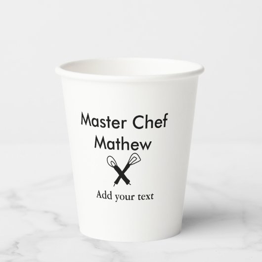 Master chef-kok keuken bakkerij kok voeg tekst naa papieren bekers (Voorkant)
