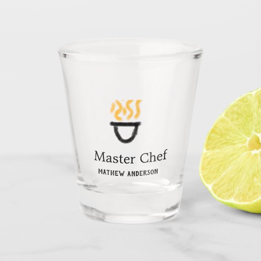 Masterchef voeg naam toe zwarte pan gele rook shot glas (Voorkant)