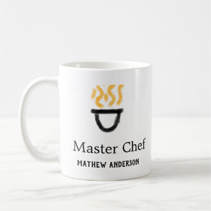 Masterchef voeg naam toe zwarte pan gele vuur rook koffiemok