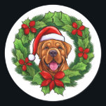 Mastiff Christmas Wreath Ronde Sticker<br><div class="desc">Voeg een feestelijk tintje toe aan uw vakantie correspondentie met onze feestelijke Mastiff kerstkrans labels! Deze charmante labels zijn voorzien van een levendige illustratie van een groene kerstkrans, met het schattige lachende gezicht van een Mastiff met een vrolijke rode kerstmuts in het midden. Perfect voor hondenliefhebbers en vakantieliefhebbers, deze hoogwaardige...</div>