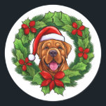 Mastiff Christmas Wreath Ronde Sticker<br><div class="desc">Voeg een feestelijk tintje toe aan uw vakantie correspondentie met onze feestelijke Mastiff kerstkrans labels! Deze charmante labels zijn voorzien van een levendige illustratie van een groene kerstkrans, met het schattige lachende gezicht van een Mastiff met een vrolijke rode kerstmuts in het midden. Perfect voor hondenliefhebbers en vakantieliefhebbers, deze hoogwaardige...</div>